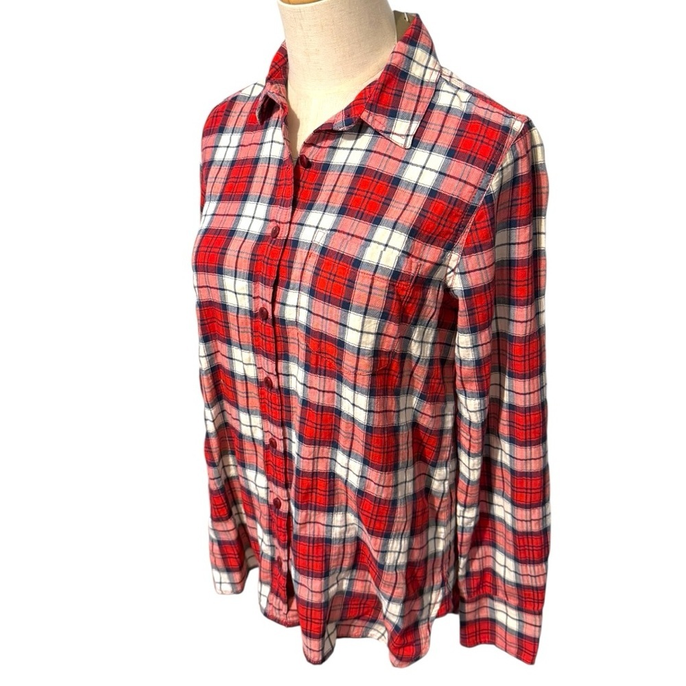 J.Crew Red Plaid Flannel Button Down Shirt Women’s Size 4 Long Sleeve Cotton - Picture 3 of 8